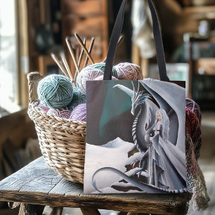 White Dragon Woman Fantasy Auroras Tote Bag