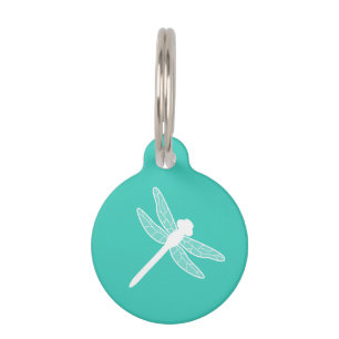 White Dragonfly Silhouette On Turquoise Pet Tag