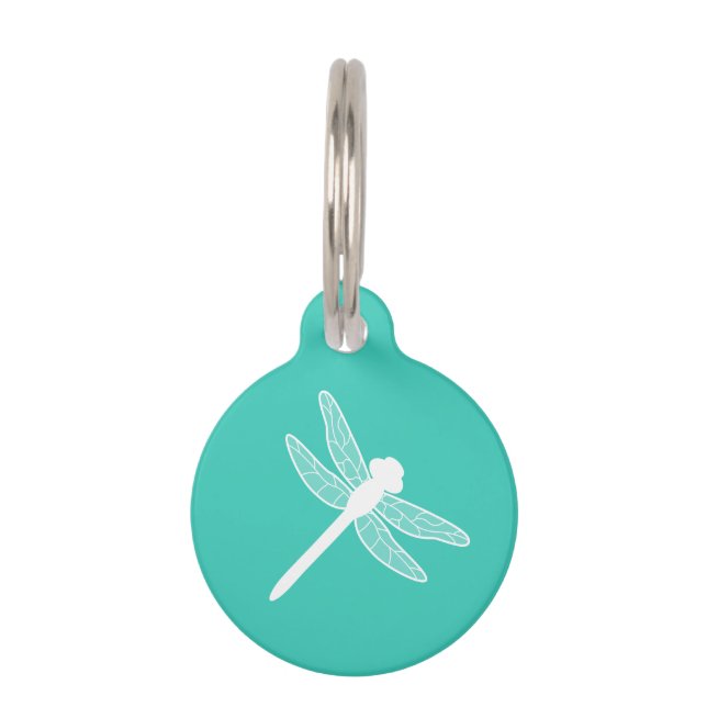 White Dragonfly Silhouette On Turquoise Pet Tag (Front)