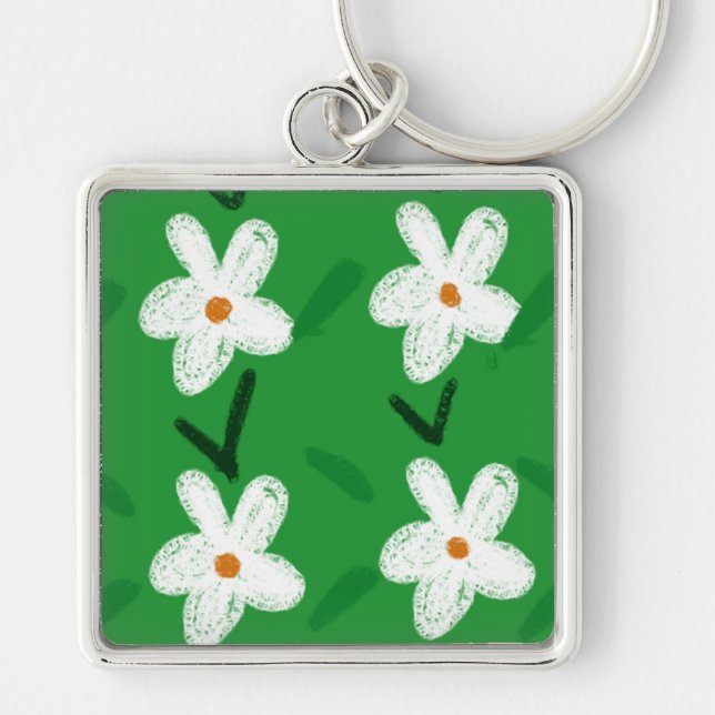 White Drawn Floral Pattern Flower Art Pattern Aest Key Ring (Front)