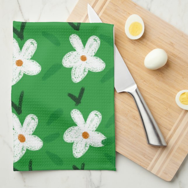 White Drawn Floral Pattern Flower Art Pattern Aest Tea Towel (Quarter Fold)
