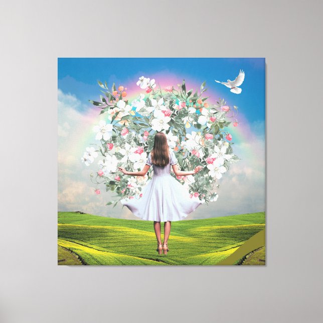 White Dress Girl Bouquet Rainbow Sky Collage Canvas Print (Front)