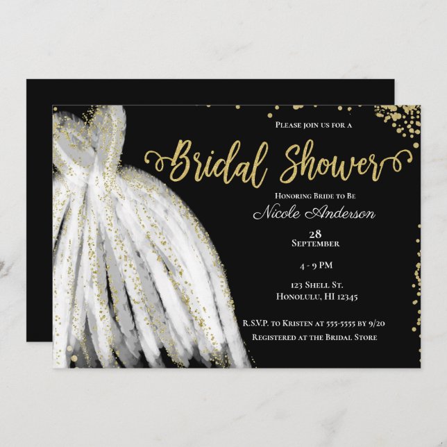 White Dress & Gold Glitter Black Bridal Shower Invitation (Front/Back)