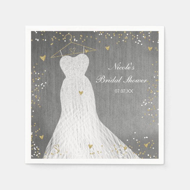 White Dress on Gold Hanger Bridal Shower Napkin (Front)
