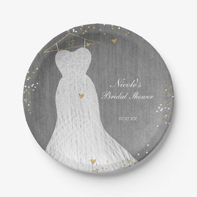 White Dress on Gold Hanger Bridal Shower Party Paper Plate (Front)