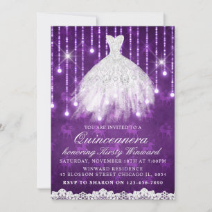 White Dress Purple Glamourous Quinceanera Invitation