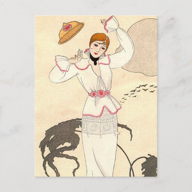 White Dress with Rose Belt by George Barbier Postcard (Front)