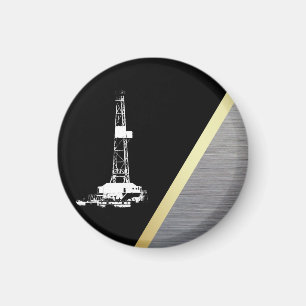 White Drilling Rig Silhouette on Black and Metal Magnet