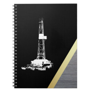 White Drilling Rig Silhouette on Black and Metal Spiral Notebook