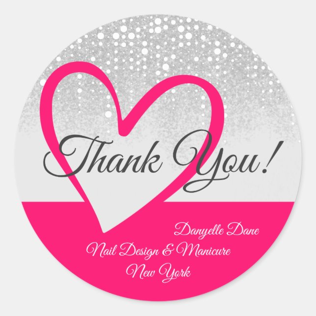 White Drips Pink Heart Calligraphy Thank You Label (Front)