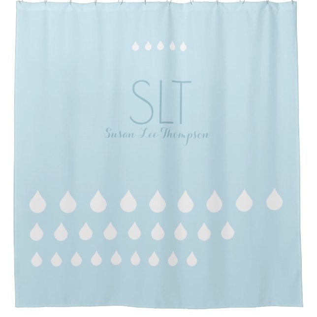 white drops with monogram on pale blue shower curtain (Front)