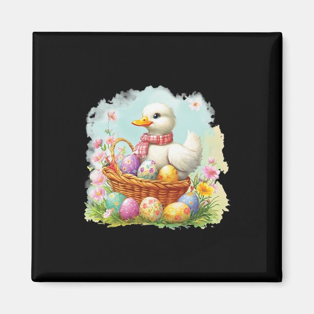 White Duck On A Bysket Full Of Easter Eggs; Easter Magnet (Front)
