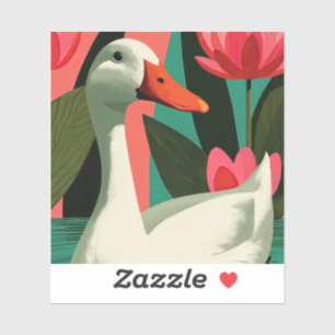 White Duck Pink Lotus Pond Illustration