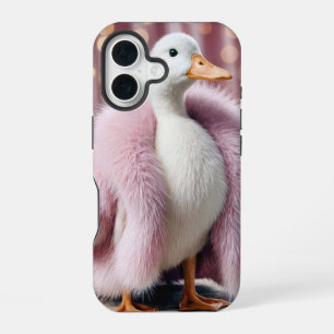 White Duck Wearing a Pink Fur Coat iPhone 16 Case