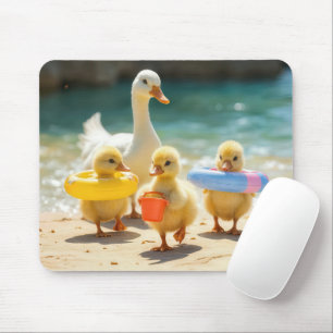 White Duck With Ducklings On the Beach Mouse Pad