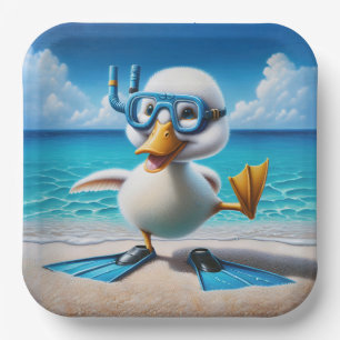 White Duck With Snorkel On Beach Paper Plate