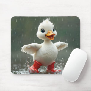 White Duckling Splashing In a Rain Puddle Mouse Pad