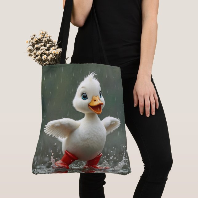 White Duckling Splashing In a Rain Puddle Tote Bag (Close Up)