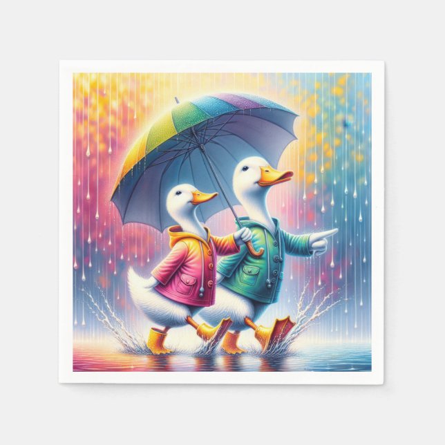 White Ducks Walking In The Rain Napkin (Front)