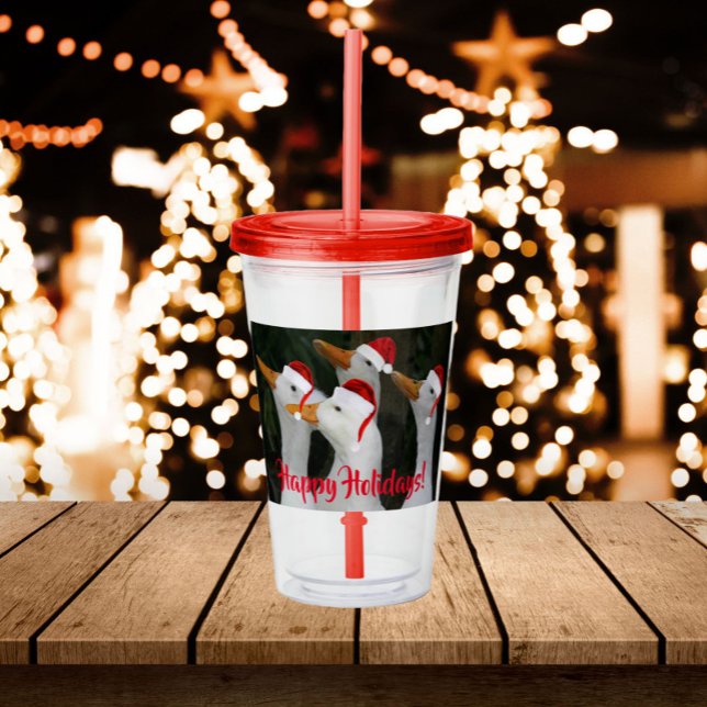 White Ducks Wearing Red Santa Hats Holiday Acrylic Tumbler (In Situ Holidays)