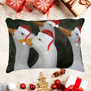 White Ducks Wearing Red Santa Hats Holiday Decorative Cushion