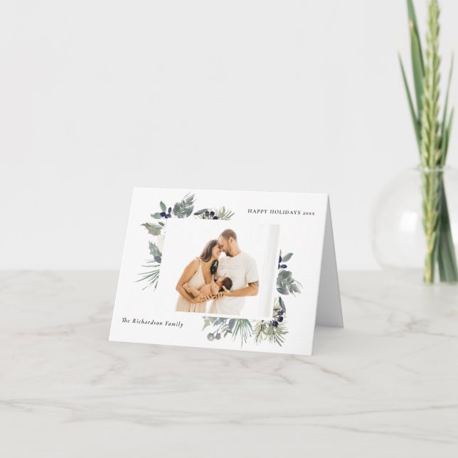 White Dusky Green Christmas Foliage Photo Happy Holiday Card (Front)