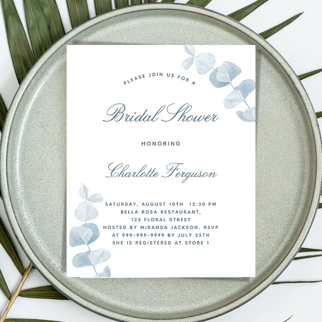 White dusty blue bridal shower budget invitation (Creator Uploaded)
