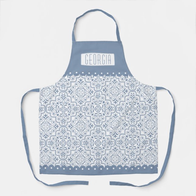White dusty blue damask pattern scalloped borders apron (Front)