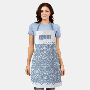 White, dusty blue damask pattern scalloped borders apron