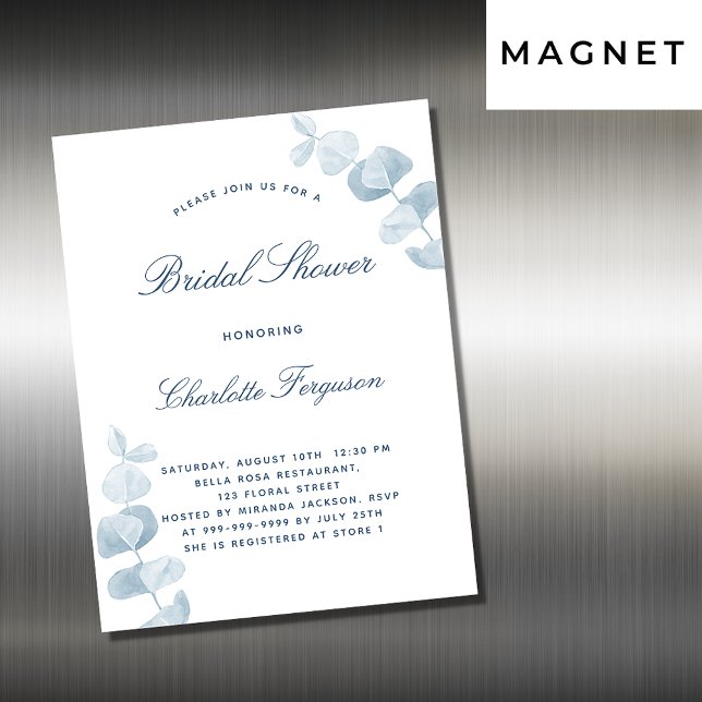 White dusty blue eucalyptus luxury bridal shower magnetic invitation (Creator Uploaded)