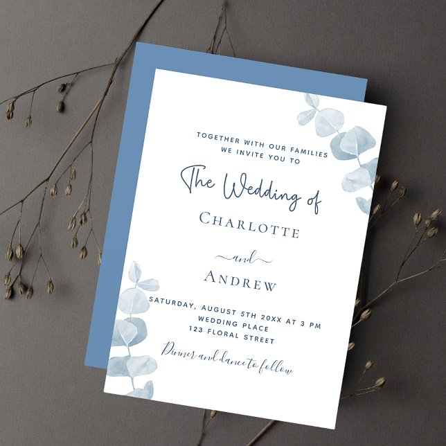 White dusty blue eucalyptus wedding invitation postcard (Creator Uploaded)