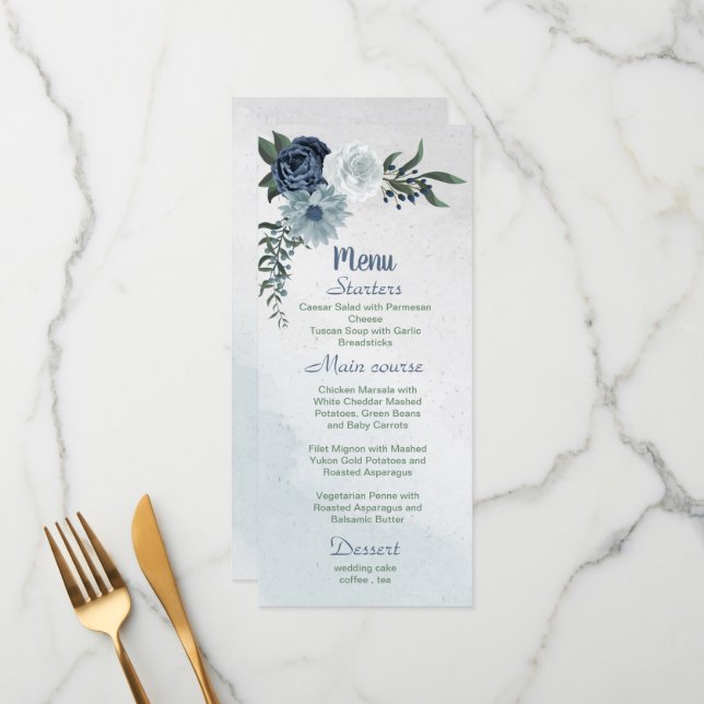 white dusty blue & navy flowers greenery menu (Front/Back In Situ)