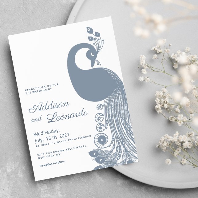 White dusty blue royal peacock elegant Wedding Invitation (White dusty blue royal peacock elegant Wedding )