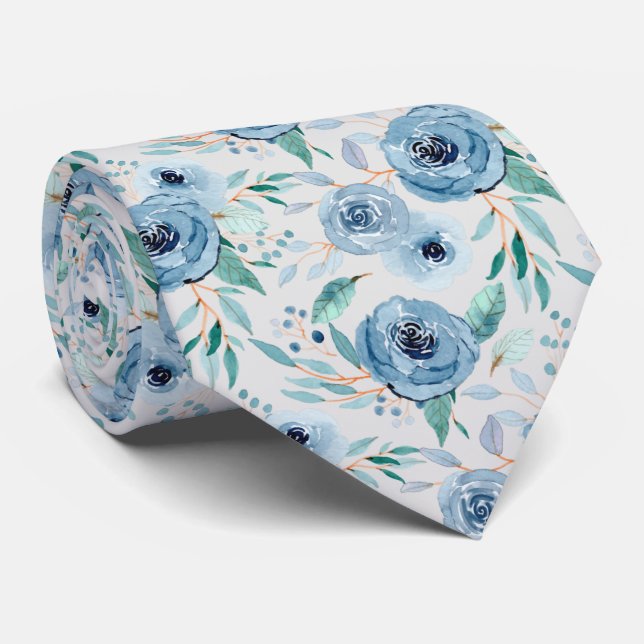 White Dusty Blue Watercolor Floral Pattern Wedding Tie (Rolled)