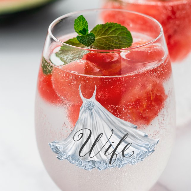 White Dusty Blue Wedding Dress For Wife Stemless Wine Glass (Creator Uploaded)