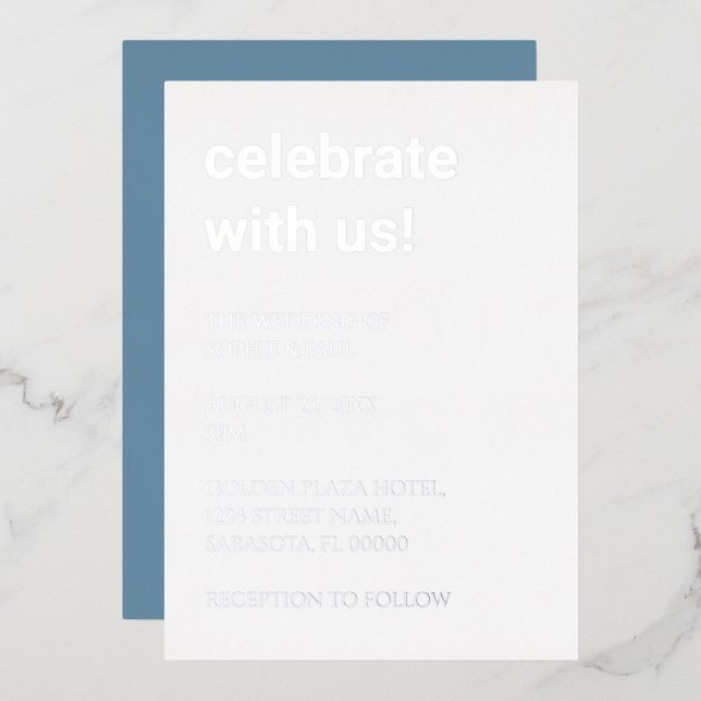 White Dusty Blue Wedding Silver Foil Invitation (Front/Back)