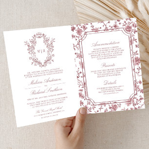 White Dusty Rose Chinoiserie Crest QR Code Wedding Invitation
