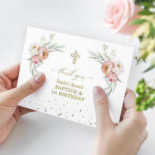 White Dusty Rose Floral 1st Birthday Baptism Thank You Card