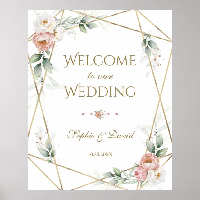 White Dusty Rose Floral Gold Greenery Wedding Sign (Front)