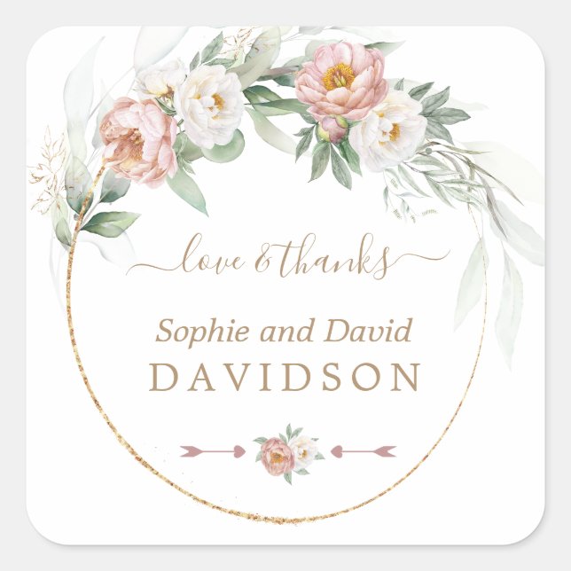 White Dusty Rose Floral Gold Greenery Wedding Square Sticker (Front)