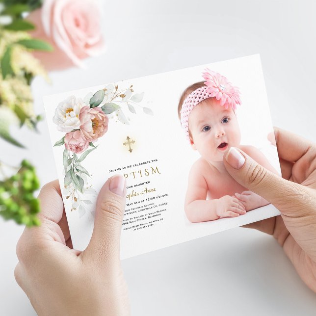 White Dusty Rose Floral Photo Girl Baptism Invitation (peach white flowers girl baptism, trendy photo girl baptism, elegant floral photo baptism)