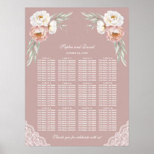 White Dusty Rose Flowers Wedding Seating Chart