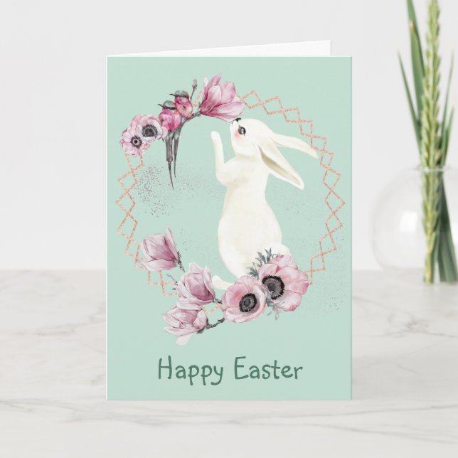 White Easter Bunny Hummingbirds Floral Frame Card (Front)
