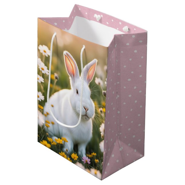 White Easter Bunny In Daisies Medium Gift Bag (Front Angled)