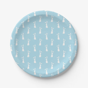 White Easter Bunny Rabbit Ears Pastel Blue Spring Paper Plate