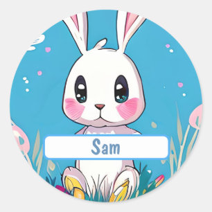 White Easter Bunny With Customisable Nametag Classic Round Sticker