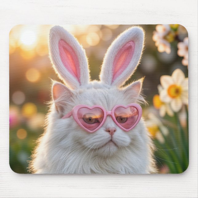 White Easter Cat with Bunny ears Mouse Pad (Front)
