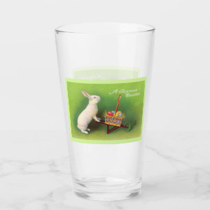 White Easter Rabbit Wheelbarrow Eggs on Green Glass
