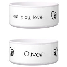 White Eat Play Love Custom Name Dog Bowl