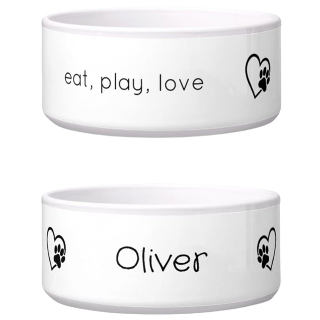 White Eat Play Love Custom Name Dog Bowl (Creator Uploaded)